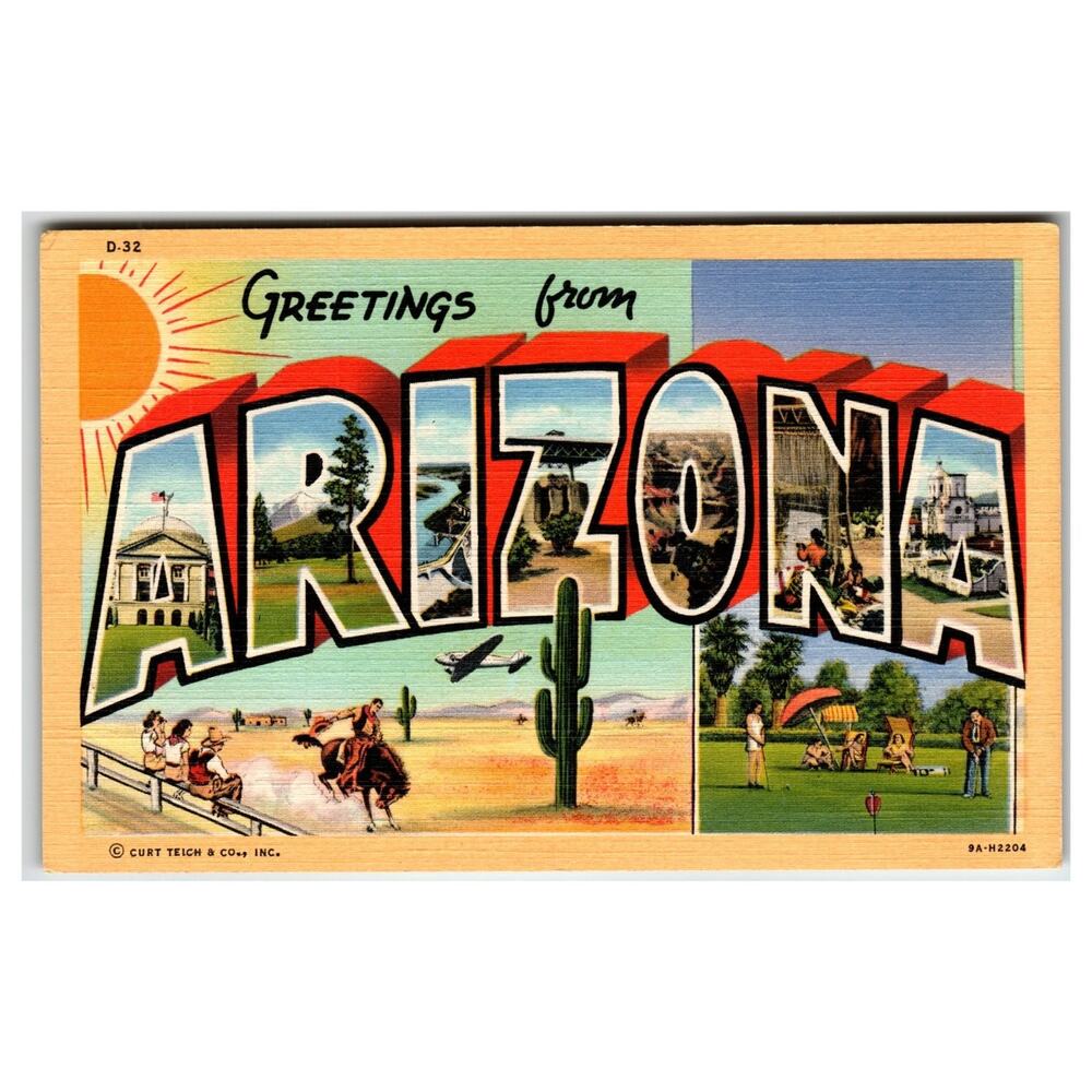 Vintage Greetings from Arizona Large Letter Postcard - Curt Teich Colortone 1939